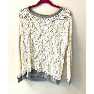 Forever 21 Blouse Women's Size L Cream Sheer Lace Long Sleeve Crew Neck Pullover